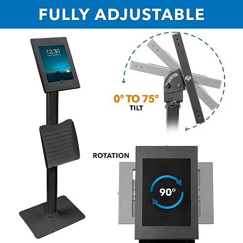 Mount-It! Anti-Theft iPad Tablet Floor Stand Kiosk with Literature Holder, Lockable Enclosure for iPad Gen 7–11, Pro & Air (A16), 90° Rotation & 75° Tilt, Commercial Kiosk Stand, Bolt Down Base, Black - color: Black