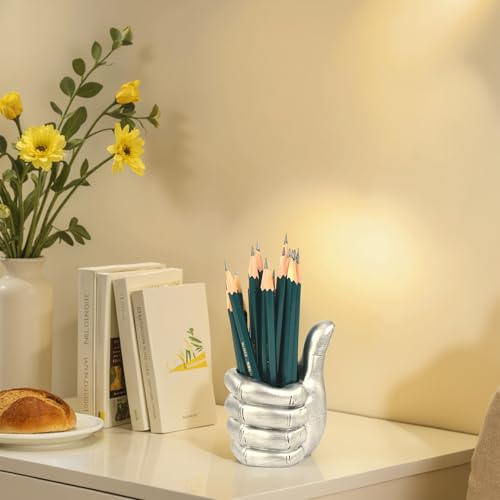 Thumbs Up Pen Holder and Phone Stand,Thumbs Up Very Good Pen Container Cell Phone Stand Holder Desk Organizer Decoration for Office Desk Home Decorative (silvery) - color: silvery