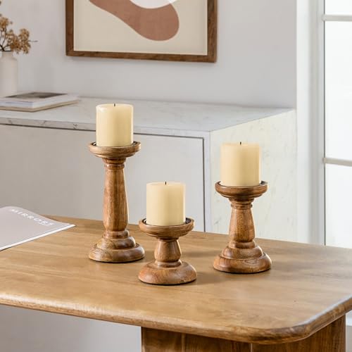 JFY Designs Hand Carved Solid Wood Candle Holder Set of 3 - Pillar Candle Holders Decorative Candlestick Holder for Home Décor, Wedding, Dinning, Party - color: Natural