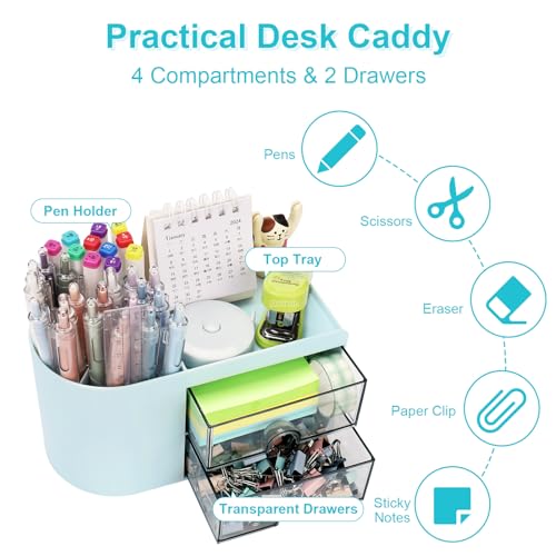 Meiikun Desk Organizer with Drawer, Pen Organizer for Desk, Small Pencil Holder, Desk Organizers and Accessories for Office Home Storage (2 Drawers+4 Compartments, Blue) - color: 4 Compartments + 2 Drawer (Blue)