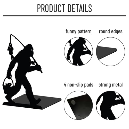 WADORN Bigfoot Fishing Metal Decorative Bookend for Shelves 1 Pair, Heavy Duty Book Ends Unique Non-Skid Books Holder Stand Black Book Support Stoppers for Desk Bookshelf Office Home, 5.3x4.3x7.9 Inch - color: Funny Bigfoot