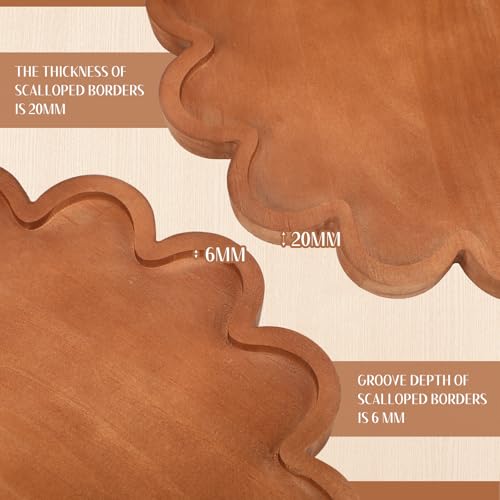 BreezeHug Brown Decorative Serving Tray Wood 12.6 Inch Scalloped Serving Tray Round Wooden Display Plate with Scalloped Borders for Coffee Table Living Room Bedroom Entryway Decoration - color: Brown