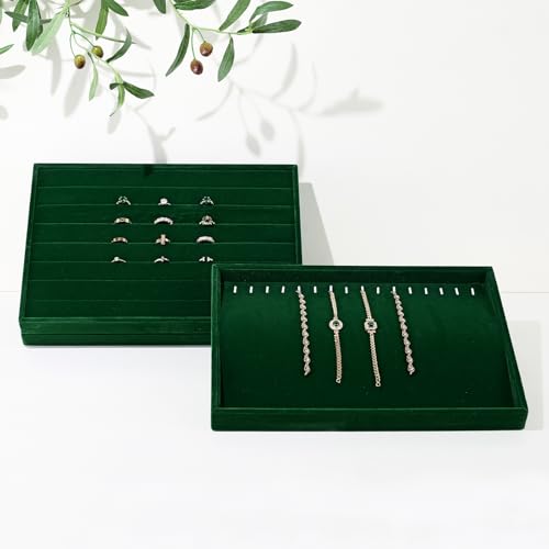 16 Slots Velvet Necklace Bracelet Tray Jewelry Trays Jewelry Drawer Organizer for Necklace, Bracelets, Watch Storage Display (Green) - size: 16 Slots for Necklace/Bracelet