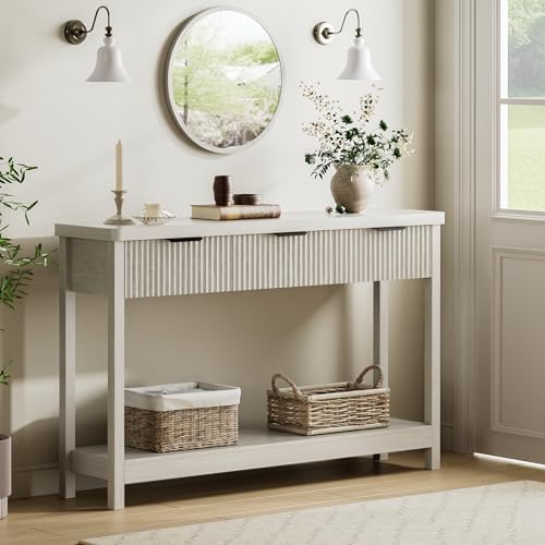 Lulive 51" Fluted Console Table for Entryway, Wooden Entryway Table with 3 Wooden Drawers, Farmhouse Behind Sofa Table for Living Room, Hallway, Couch, Foyer - color: Grey White