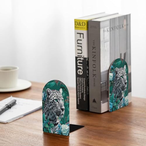 Wild Jungle Snow Leopard On Dark Green Luxury Bookends for Shelves 2 Pcs Wooden Book Stopper Organizer for Home Office Libraries