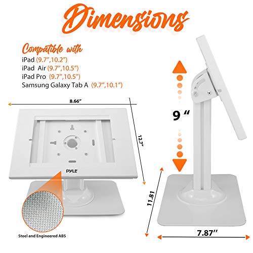 Anti Theft Tablet Security Stand - Table Mount Desktop Ipad Kiosk Stand w/Lock and Key Mechanism, 90° Rotate 75° Tilt - iPad, iPad Air, iPad Pro, Samsung Galaxy Tab A (2021) - Pyle PSPADLK18, White