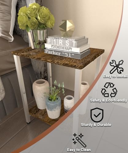 2 Tier Side Table, Heavy Duty End Table with Shelves, Narrow Nightstand Table for Small Spaces, Record Player Table for Bedroom, Living Room, Sofa Couch - Rustic Brown & White - color: White, size: 2-Tier