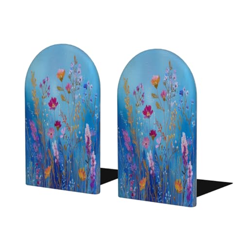 Wood Book Ends for Shelves Wildflowers On Blue Floral Art Bookends for Heavy Books CDs Organizer Decorative Wooden Book Stopper Holders for Home Office Desk,5.1x3.1x4in,Set of 2 - size: 5.1x3.1x4in