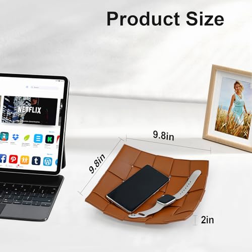 Valet Tray PU Leather Key Holder Bowl for Men and Women Entryway Table Nightstand Catchall Storage Organizer EDC Dump Tray for Wallet, Keys, Coins Men's Gift - Brown, 9.8" L x 9.8" W x 2" H - color: Brown