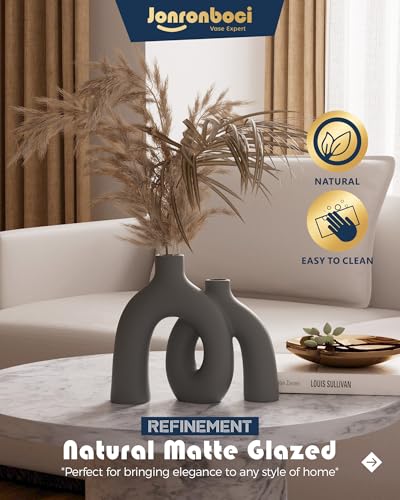 Hug Donut Decorative Vase Set - Dark Gray Modern Minimalism Industrial Style Vases Home Decor, Matte Ceramic Decorations for Living Room Shelf, Bookshelf Mantle Entryway Table or Console Décor(Gray) - color: Gray