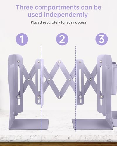 Honagu Adjustable Bookends, Metal Book Ends for Shelves Heavy Book, Bookend for Home, Office, Books, Papers, Book Stopper with Removable Hook, Pen Holder, Gifts for Students, Teachers（Light Purple） - color: Light Purple