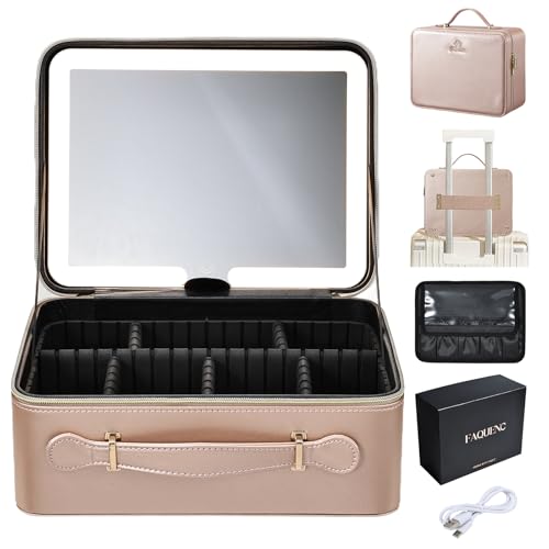 Leather Makeup Case with LED Lighted Mirror 11.4 Inch Travel Makeup Bag Adjustable Brightness in 3 Colors Cosmetic Organizer Artist Storage Bag with Dividers Brush Holder Bag Vanity Champagne Gold - color: WD-Champagne Gold 11.4 Inch, size: 2-Medium