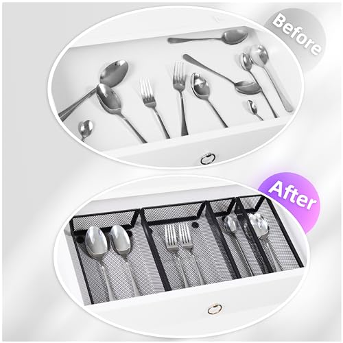 Mesh Tray Silverware Drawer Organizer, Utensil Cutlery Tray Office Supplies with Interlocking Arm Drawer Dividers Organizer for Flatware, Knives,Home,Office, School,Bedroom 9X6＂Black - size: 3 Pack 9"x6" Black Metal