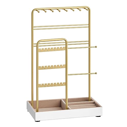 SONGMICS Jewelry Holder, Jewelry Organizer, Jewelry Display Stand with Metal Frame, Velvet Tray, Necklace Earring Bracelet Holder, for Studs, Rings, Gift Idea, Pale Gold UJJS021A01 - color: Pale Gold