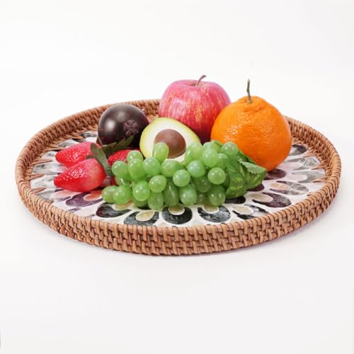 Shellac Rattan Tray with Mother of Pearl Inlay, Round Decorative Serving Tray for Home Décor Coffee Table Storage and Display, 100% Natural Materials - Ottoman Tray Black 13.5" - color: Black, size: 13.5"