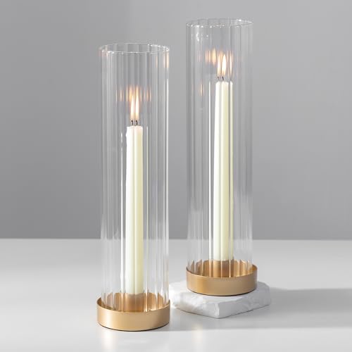 Hewory Hurricane Glass Candle Holders: Set of 2 Gold Candlestick Holders with 11" Tall Clear Cylinder Hurricane Cover, Taper Candle Holder for Wedding Table Centerpiece Party Christmas Home Decor