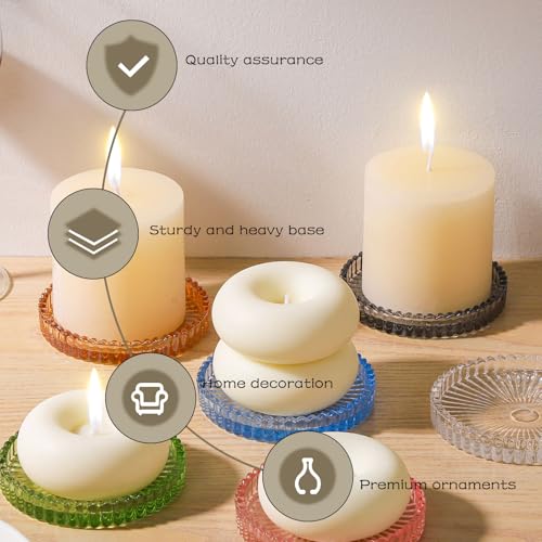 2 Pack Glass Pillar Candle Holders 4 Inch Ribbed Edge Design Decorative Candle Plate with Serrated Edges Clear Blue Display Stand for Wedding Home Decor Table Centerpieces - color: Blue