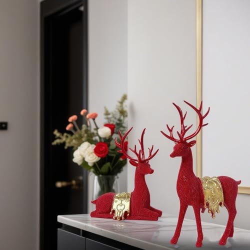 Set of 2 Modern Deer Statues for Home Decor, Handcrafted Resin Elk Sculptures with Intricate Beaded Texture, Elegant Animal Figurines for Living Room, Bookshelf, Office & Housewarming Gift - color: Red