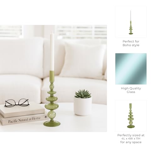 Vintage Glass Candle Holder for Pillar Candles – Taper Candle Holders for Table Decor, or Living Room – Stacked Disc and Sphere Design Candlestick Holders, Boho Home Decor – 11", Green - color: Green, size: 11.0" H