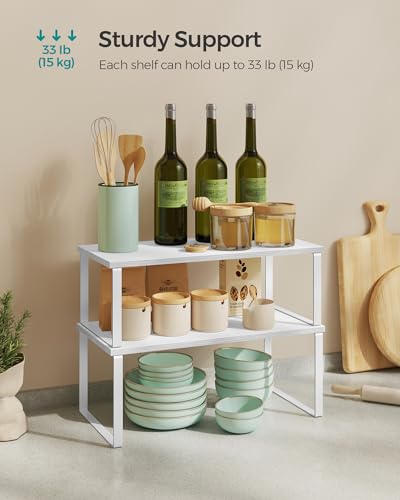 SONGMICS Cabinet Organizer Shelf, Set of 2 Kitchen Counter Shelves, Kitchen Storage, Spice Rack, Stackable, Expandable, Metal and Engineered Wood, Cloud White and Snow White UKCS025W01 - color: Cloud White + Snow White, size: 15.6"W