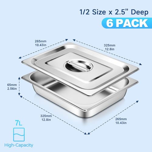 Hotel Pan with Lids 6 Pack 1/2 Size 2.5" Deep Stainless Steel Steam Table Pan, Commercial Food Pans for Catering Buffet Chafing Dish Pans Metal Steam Tray (1/2 Half Size x 2.5 Inch Deep, 6 Pack) - color: 1/2 Size, size: 2.5" Deep