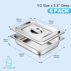 Hotel Pan with Lids 6 Pack 1/2 Size 2.5" Deep Stainless Steel Steam Table Pan, Commercial Food Pans for Catering Buffet Chafing Dish Pans Metal Steam Tray (1/2 Half Size x 2.5 Inch Deep, 6 Pack) - color: 1/2 Size, size: 2.5" Deep