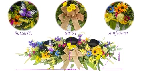 Svndlyn Candle Holders Spring Summer Centerpiece,3 Wick Candle Holder with Daisy and Sunflowers, Perfect for Spring Decor,Easter Centerpiece Table Decor,Indoor Home Decor,Desktop Decor
