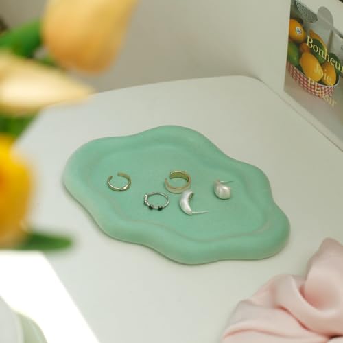 Jewelry Dish Trinket Tray for Women, Ring Dish Holder, Unique Cloud Shape Ceramic Plate Cute Things Vanity Aesthetic Room Decor Mother's Day Birthday (Flocked Green) - color: Flocked Green