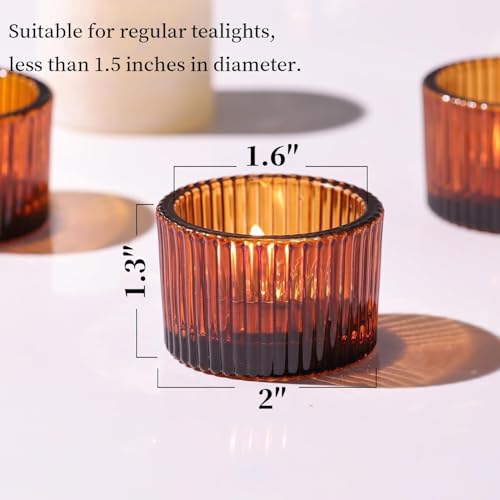 HAVITI 24 Pack Amber Tealight Candle Holders, Glass Votive Candle Holders Fall Decorations for Home Table Fall Wedding Centerpieces, Party Supplies and Vintage Decor - color: Amber, size: 1.3" x 2"