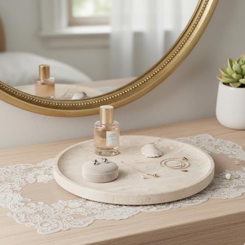 Koville Natural Travertine Tray for Home Decor, 10 Inch Round Serving Tray for Kitchen and Coffee Table, Decorative Marble Bathroom Trays for Counter, Luxury Vanity Tray, Light Beige Stone Tray
