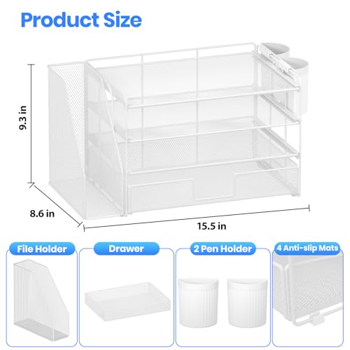 OPNICE Desk Organizer, 4-Tier Desktop File Organizer with Drawer and 2 Pen Holders, Office Desk Accessories, File Sorters, Workspace Organizers for Office Supplies(White) - color: White, size: 4-Tier