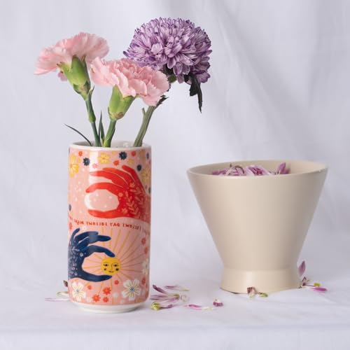 Cute Ceramic Flower Vase - Unique Abstract Art Deco Aesthetic Vase - Medium Colorful Design Features Hands Holding Sun and Moon, Ideal for Living Room and Dining Table - Thoughtful Housewarming Gift - color: "Night Asks Day" Vase