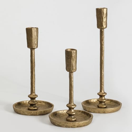 Rustic Cast Iron Taper Candle Holder - Set of 3 Vintage Candle Stands, Candlestick Holders for Wedding, Dining, Party Décor (Antique Brass) - color: Antique Brass