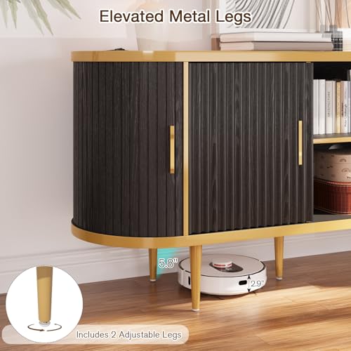 EROMMY 70" Fluted TV Stand, TV Entertainment Center with Storage for TVs Up to 80", Modern TV Console with Faux Marble Top, Curved Design, Tambour Sliding Doors (Black) - color: Black