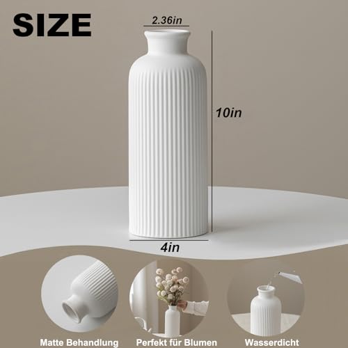 Natural White Ribbed Ceramic Vase for Flowers, Modern Textured Decorative Vase, 10 Inch Tall, 3.94 Inch Width, Farmhouse Style Home Decor (Bisque White) - color: Bisque White