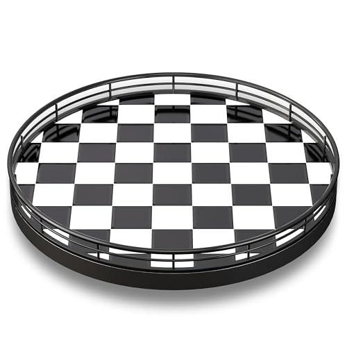 10.2-Inch Black & White Checkerboard Lazy Susan Organizer – Rotating Serving Tray with Oak Base, Iron Frame, & Ceramic Tile –Perfect for Dining Table, Kitchen Cabinet, Bathroom Countertop, Home Décor