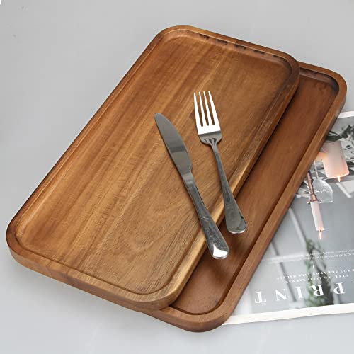 2 Pcs Rectangular Serving Platters for Food Dish Party Wooden Charcuterie Boards 14" x 7" Acacia Wood Trays for Kitchen Counter Decor Rectangle Dessert Plates Cheese Board Snack Appetizer Platter - size: 14" x 7"