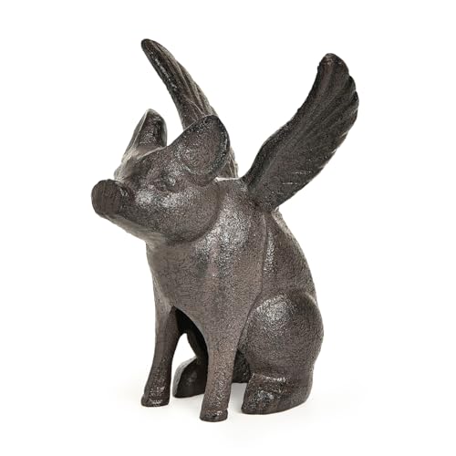 Sungmor Cast Iron Flying Pig Statue, Whimsical Sitting Pig Garden Decorative Statue, Rustic Black Brown Home Office Desk Paperweight Doorstop, Cute Collectible Figurine Bookshelf Ornament - color: Flying Pig