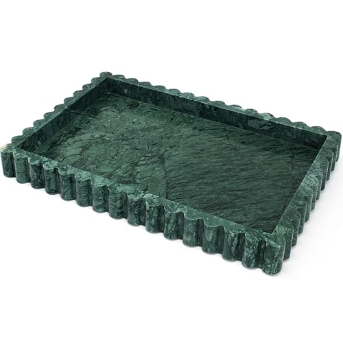YMXYJM Natural Marble Tray for Bathroom, Real Stone Decorative Vanity Tray with Fluted Edge, Large Marble Serving Storage Tray for Kitchen Counter, Dresser, Home Decor, 11.8" x 8", Dark Indian Green - color: Dark Indian Green