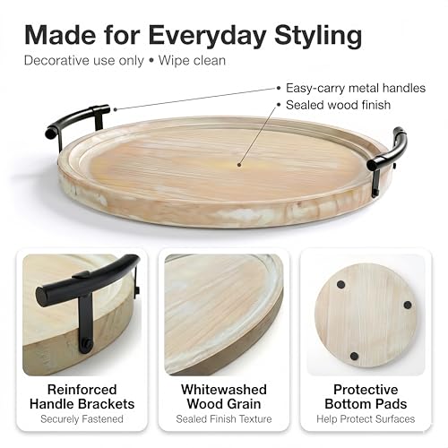 13" Round Decorative Wood Tray with Handles, Whitewashed Farmhouse Coffee Table Decor for Living Room, Entryway & Kitchen Island, Includes Bead Garland, Giftable Home Decor