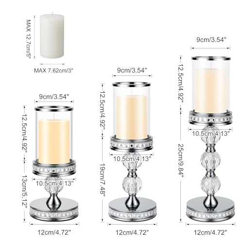 12.4" Tall Hurricane Candle Holder, Pillar Candle Holders with Glass Sleeve with Gift Box, Crystal Candle Stands for Home Warming, Weddiing, Dining Room Decor, Table Centerpiece (2, Silver, M) - color: Silver, size: Medium