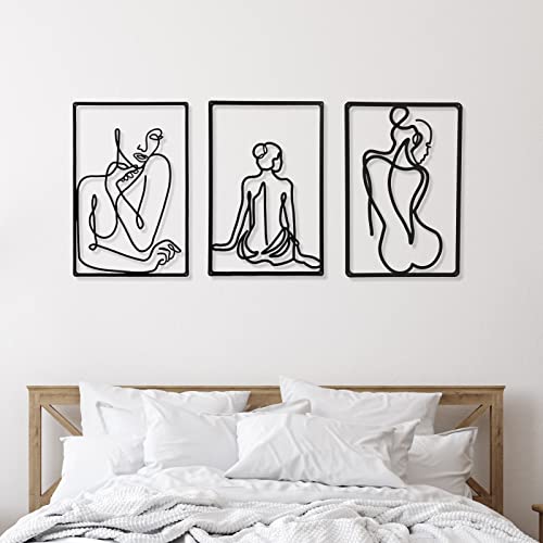 CHENGU 3 Pieces Metal Minimalist Abstract Woman Wall Art Line Drawing Wall Art Decor Single Line Female Home Hanging for Kitchen Bathroom Living Room - style: Elegant Body
