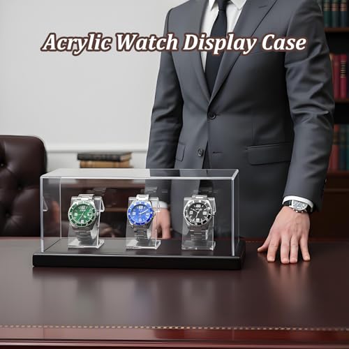 Acrylic Watch Display Case for 3 Watches with Solid Wood Base, Dustproof 3mm Clear Watch Showcase and Organizer for Men & Woman, Luxury Watch Stand - size: Display Case (No LED) For 3 Watch