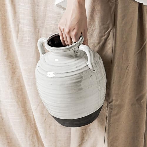 Large White Ceramic Vase, 9.5 Inch Farmhouse Flower Vase with Handles - Rustic Home Decor for Living Room, Table, Mantel, Wedding Centerpiece (Aurora White) - color: Aurora White-9.5"