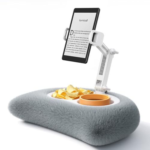 Lamicall Tablet Pillow Holder Kindle Stand - [360° Adjustable Arm][Snack Bowl] iPad Lap Holder, Kindle Accessories for Reading in Bed, iPad Stand with Bowl for 4.7-13" Tablet, E-Reader, iPhone - color: Gray