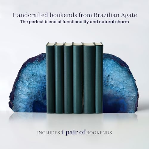 Bookends, Agate Bookends, Handcrafted Brazilian Stone Bookends for Unique and Crystal Energetic Decoration, Perfect for Gifts, One Pair of Teal Bookends Size 4-6 lbs - size: 4-6 lbs