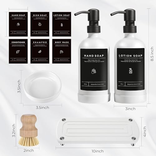 [Luxury] Kitchen Soap Dispenser Set - 16OZ White Glass Bottle, Stainless Steel Pump, Instant Dry Tray, Waterproof Labels, Non-Slip Silicone Pad, and Dish Brush | Upgrade for Your Kitchen and Bathroom - color: White Bottle + Black Pump