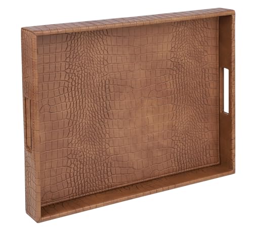 HofferRuffer Rectangle Serving Tray with Hole Handles for Coffee Table, Breakfast, Tea, Food, Butler - Countertop, Kitchen, Vanity Serve Tray, 16.2 x 12.2 x 2 inches, Faux Leather (Antique Brown) - color: Antique Brown, size: 16.2" x 12.2" x 2"