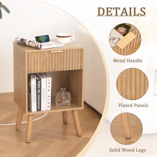 Fultyle Wood Nightstand with Charging Station, Bedside Table with Fluted Drawers and Outlet, Boho Night Stand for Bedroom, Living Room, Office (Rustic Walnut) - color: Rustic Walnut With Charging Station