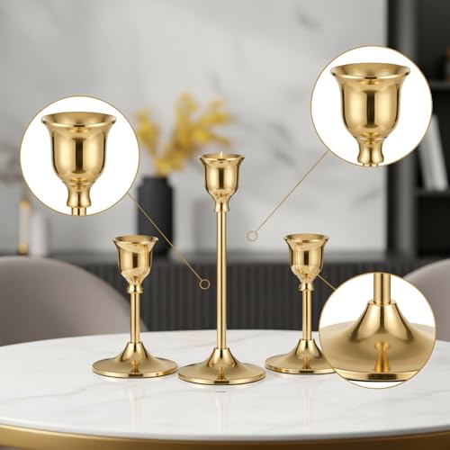 3 Pcs Bell-Shape Gold Candlestick Holders - 7" & 4.7" Tall Taper Candle Holders for Elegant Table Centerpiece and Home Decor